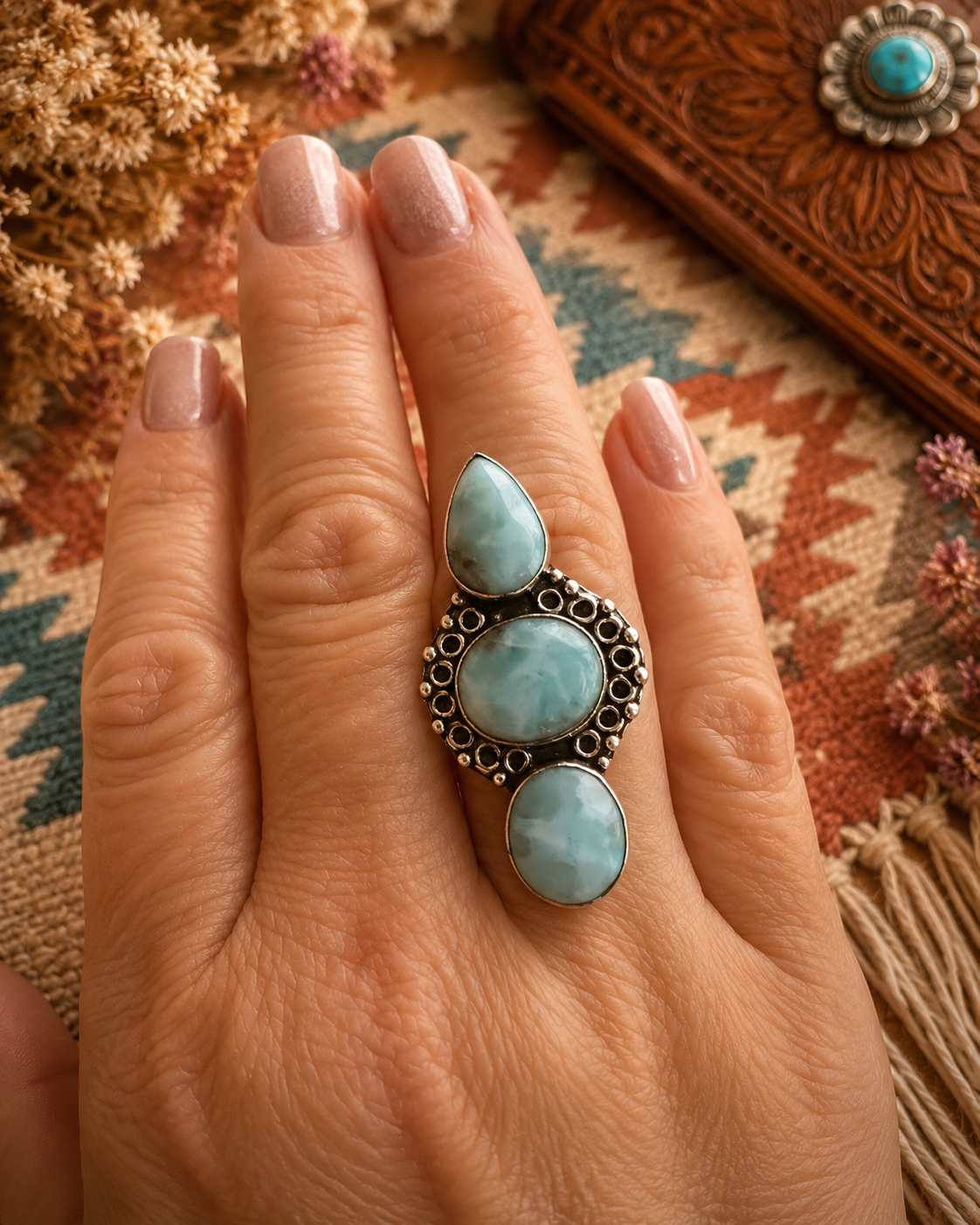 3 Stone Larimar Ring